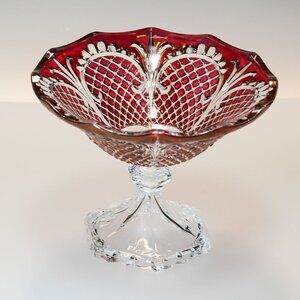Vintage Red Cut-to-Clear Crystal Compote Dish– Scalloped Rim & Faceted Stem